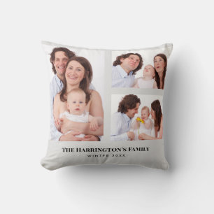 Custom 3 Sections Family Photos Collage Grey Frame Throw Pillow