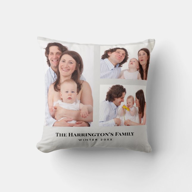Custom 3 Sections Family Photos Collage Grey Frame Throw Pillow (Front)