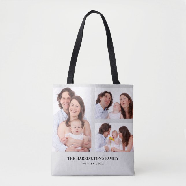 Custom 3 Sections Family Photos Collage Grey Frame Tote Bag (Front)