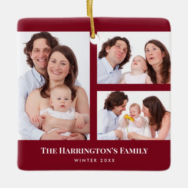 Custom 3 Sections Family Photos Collage Red Frame Ceramic Ornament (Front)