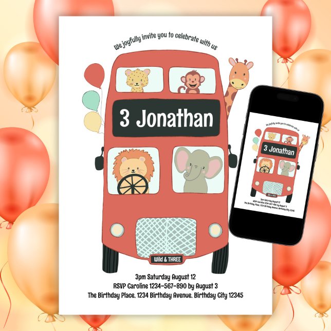 Custom 3rd Birthday Wild and Three Safari Bus Boho Invitation (Creator Uploaded)