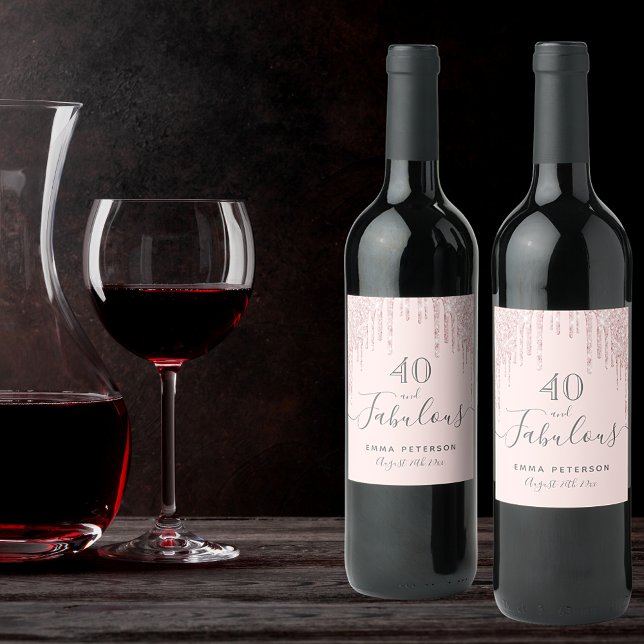 Custom 40 fabulous birthday rose gold glitter pink wine label (Creator Uploaded)