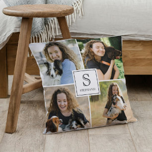 Custom 4 Multi Photo Collage Monogram & Name Throw Pillow