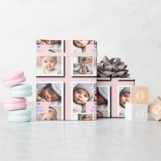 Custom 4-Photo Baby Birthday, Shower, Pink, Purple Wrapping Paper (Baby Shower)