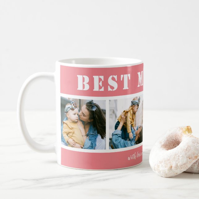 Custom 4 Photo Best Mom Ever Pink Coffee Mug (With Donut)