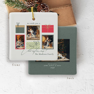 Custom 4 Photo Christmas Card Rustic Red Green Ceramic Ornament