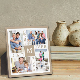 Custom 4 Photo Collage Best Dad Ever Beige & White Plaque