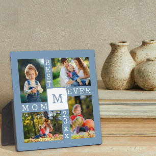 Custom 4 Photo Collage Best Mom Ever Blue & White Plaque