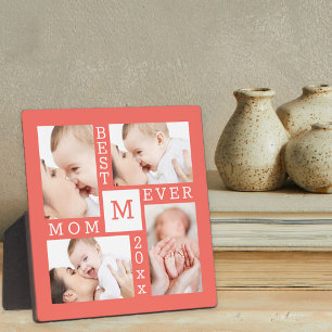 Custom 4 Photo Collage Best Mom Ever Coral & White Plaque