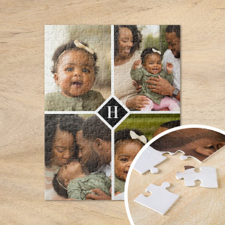 Custom 4 Photo Collage Family Monogram | Black Jigsaw Puzzle