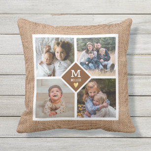Custom 4 Photo Collage Family Monogram Burlap Outdoor Pillow
