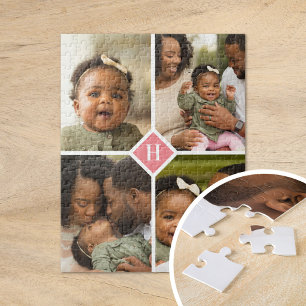 Custom 4 Photo Collage Family Monogram   Coral Jigsaw Puzzle