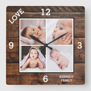 Custom 4 Photo Collage Family Name Love Dark Wood Square Wall Clock