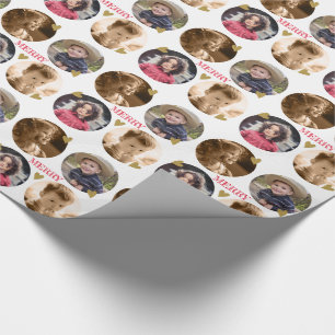 Custom 4 Photo Collage  Gold Heart Merry Christmas Wrapping Paper