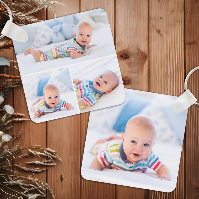 Custom 4 Photo Collage Modern Newborn Baby  Keychain (Creator Uploaded)