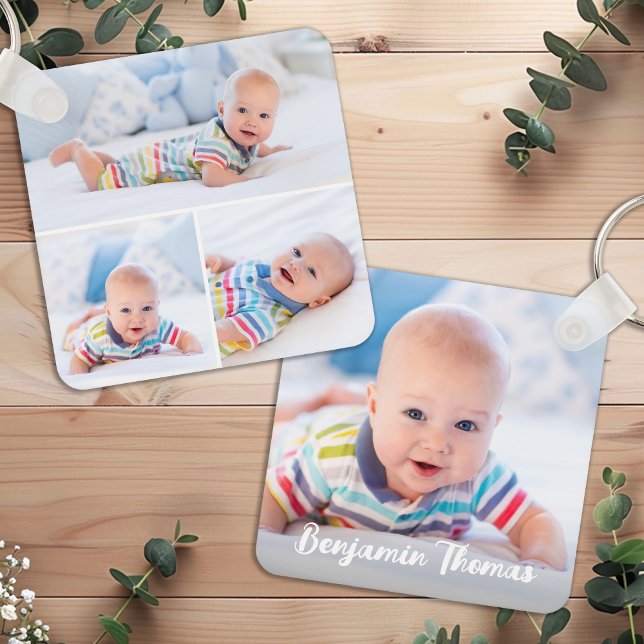 Custom 4 Photo Collage Modern Personalized Baby  Keychain (Creator Uploaded)