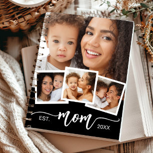 Custom 4-Photo Collage Mom Established Year Black Notebook