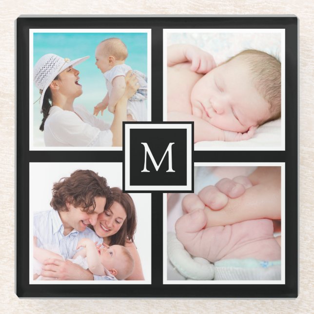 Custom 4 Photo Collage Monogram Black Glass Coaster (Front)