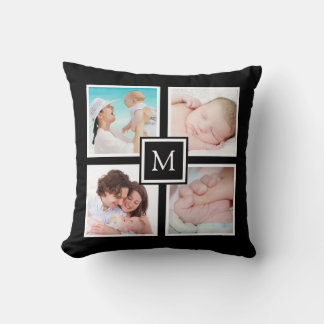 Custom 4 Photo Collage Monogram Black Throw Pillow