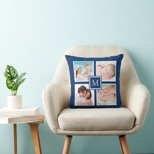 Custom 4 Photo Collage Monogram Blue Throw Pillow (Chair)