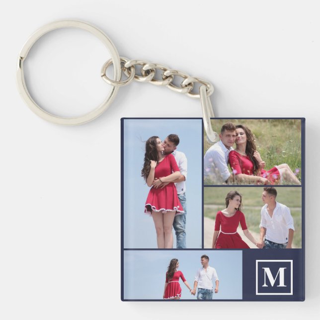 Custom 4 Photo Collage Monogrammed Keychain (Front)