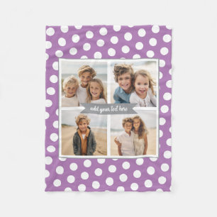 Custom 4 Photo Collage Purple Polka Dot Grey Name Fleece Blanket