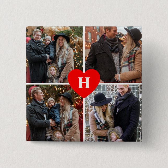 Custom 4 Photo Collage Red Heart Monogram Button (Front)