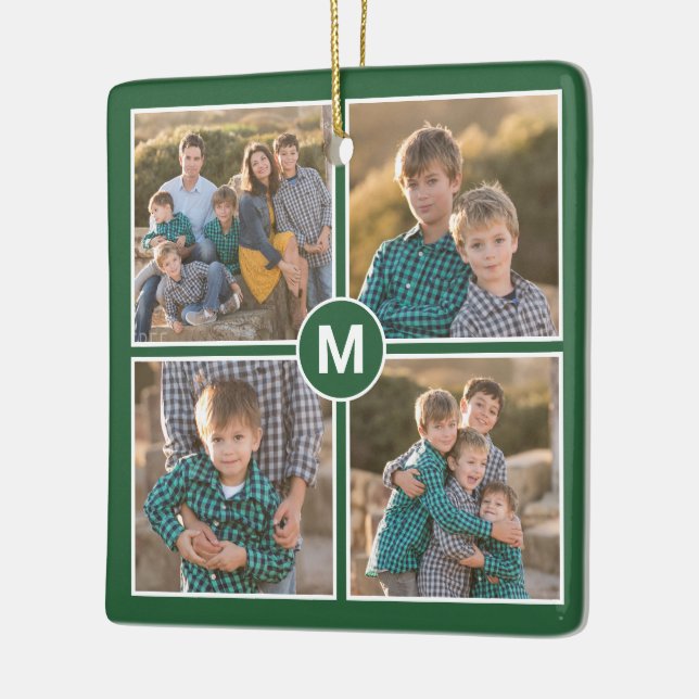 Custom 4 Photo Collage with Monogram on Green Ceramic Ornament (Left)