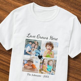Custom 4 Photo Family Name Love Grows Here Quote  T-Shirt