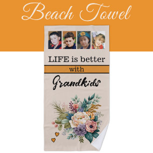 Custom 4 photo grandkids floral orange beach towel