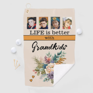 Custom 4 photo grandkids floral orange golf towel