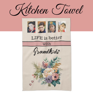 Custom 4 photo grandkids floral pink kitchen towel