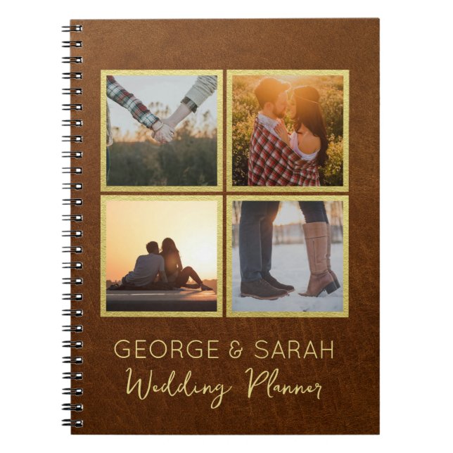 Custom 4-Photo Leather & Gold Wedding Planner Notebook (Front)