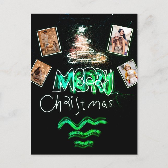 Custom 4 Photos Emerald Green Glitter Tree Postcard (Front)