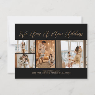 Custom 4 Photos Gold Black Casual Script Moving Postcard