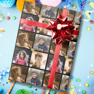 Custom 4 Square Photo Collage Black And Gold Wrapping Paper
