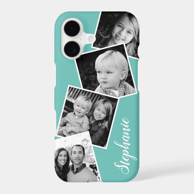 Custom 4 Square Photo Collage Teal Custom Name (Verso)