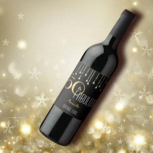 Custom 50 & Fabulous Black Gold Lights Elegant Wine Label