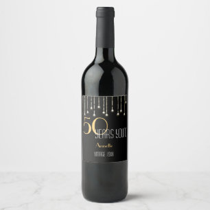 Custom 50 Years Young Black Gold Lights Elegant Wine Label