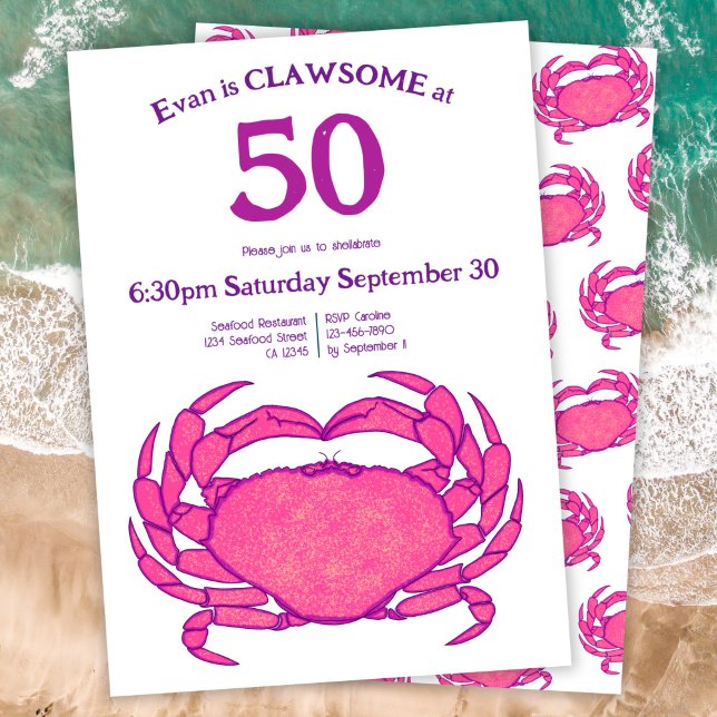 Custom 50th Birthday Bold Pink Crab Seafood Pun Invitation (Creator Uploaded)