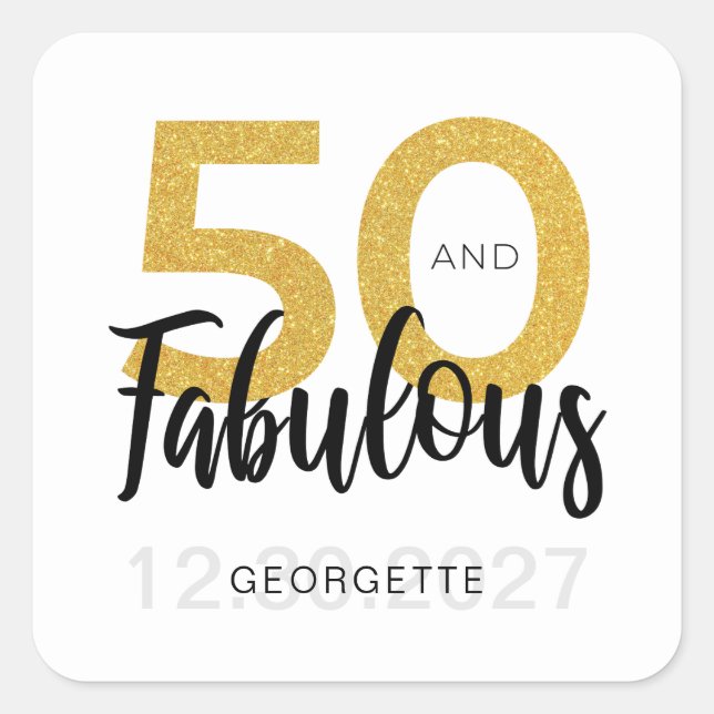 Custom 50th Birthday Faux Gold Script Party Square Sticker (Front)
