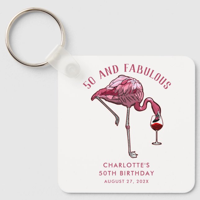Custom 50th Birthday Flamingo Favors Swag Keychain (Front)