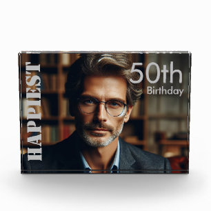 Custom 50th Birthday Happiest Silver Typography Photo Block