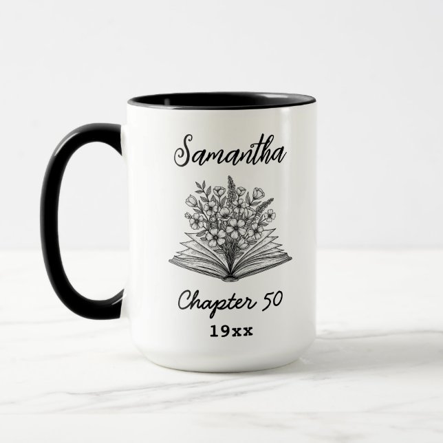 Custom 50th Birthday Name - Chapter 50 Floral Book Mug (Left)