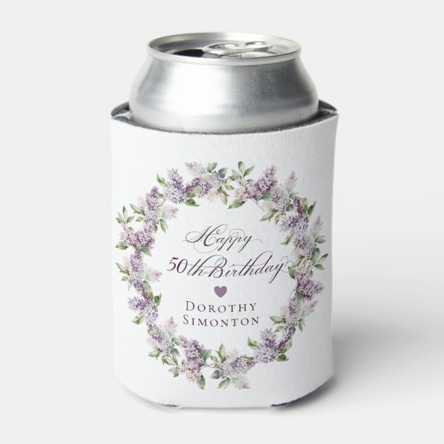 Custom 50th Birthday Purple Lilac Spring Flower Can Cooler (Can Front)