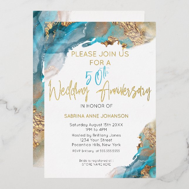 Custom 50th W Anniversary Teal and Gold Abstract Foil Holiday Card (Front/Back)