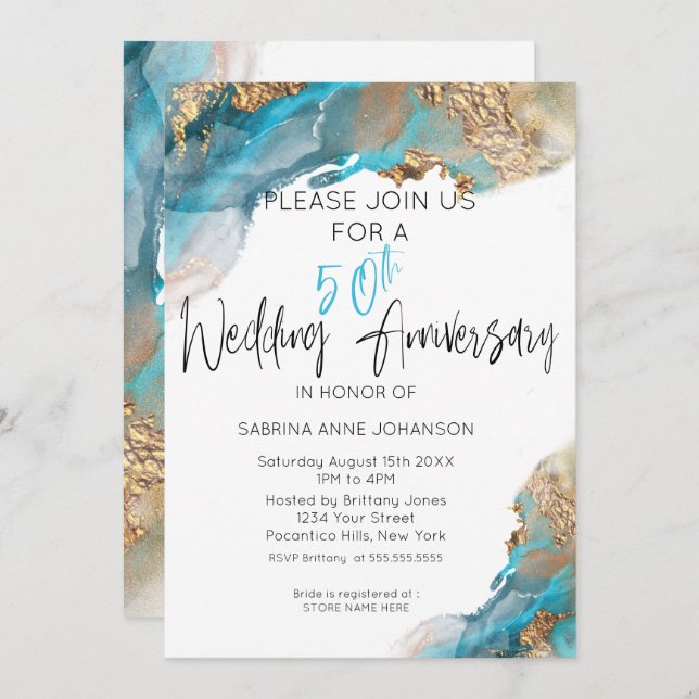 Custom 50th W Anniversary  Teal and Gold Abstract Invitation (Front/Back)
