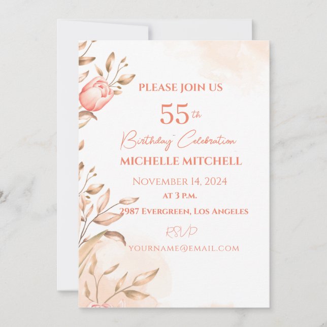 Custom 55th Birthday Peach Floral Tulips    Invitation (Front)
