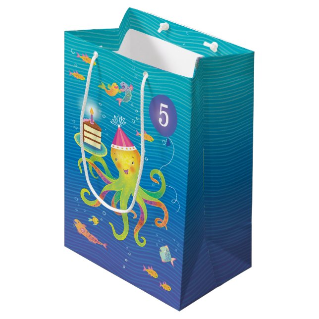 Custom 5 Blue, Turquoise and Octopus Gift Bag (Front Angled)