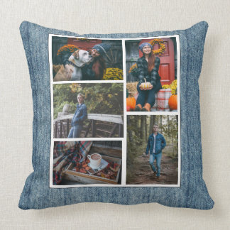 Custom /5 Photo Collage Denim Blue Jeans Throw Pillow